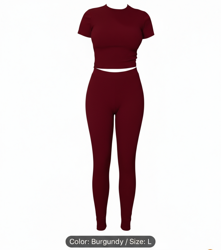Everyday Ribbed Pants Set - Burgundy