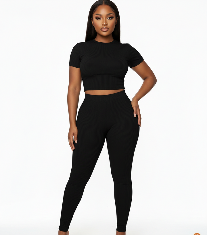 Everyday Ribbed Pants Set - Black