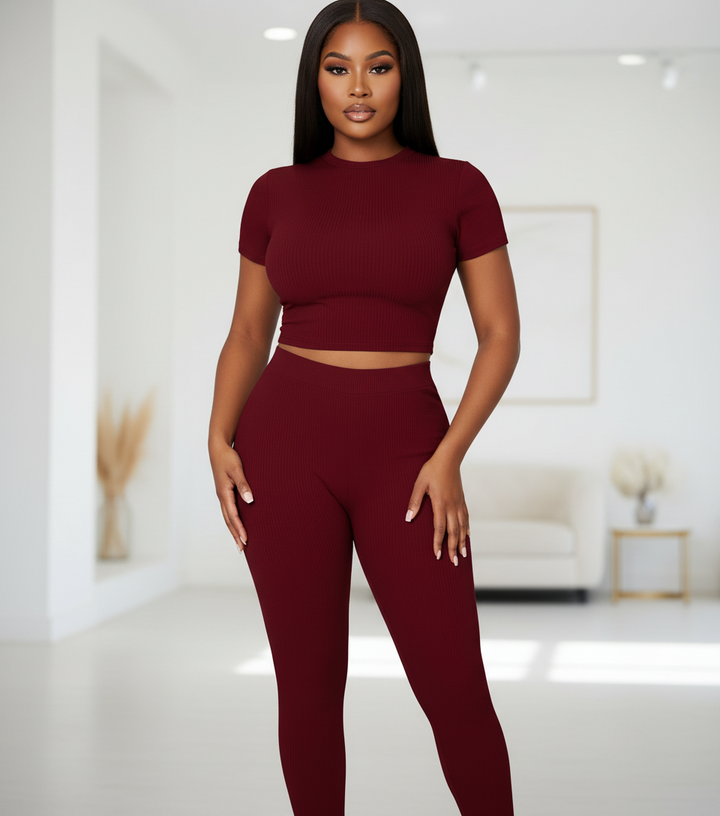 Everyday Ribbed Pants Set - Burgundy