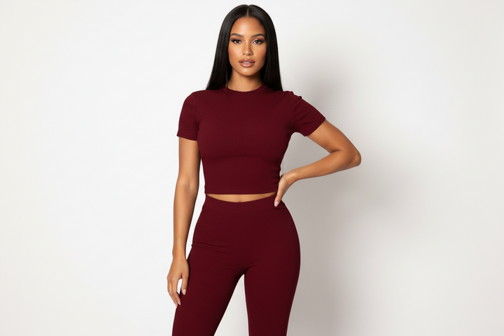 Everyday Ribbed Pants Set - Burgundy