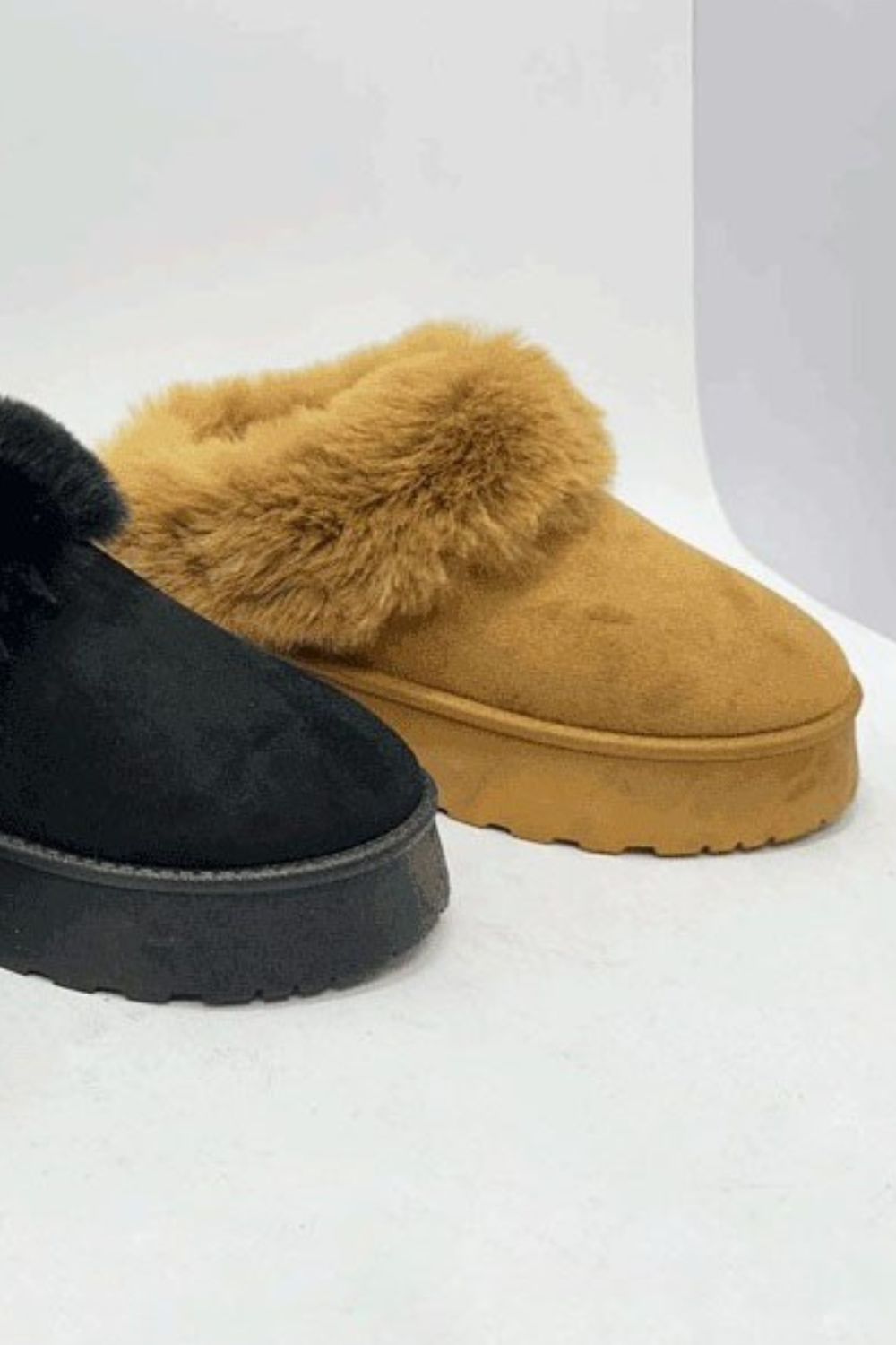 Camel Faux-Fur Platform Slip On Booties