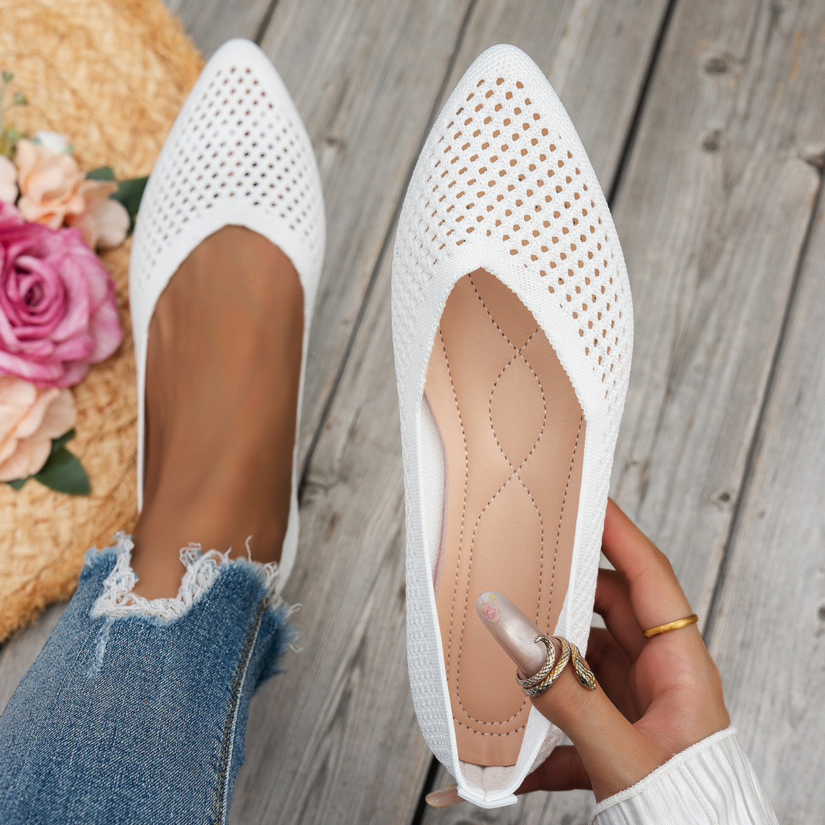 Women's Pointed Toe Flyknit Slip-On Loafers