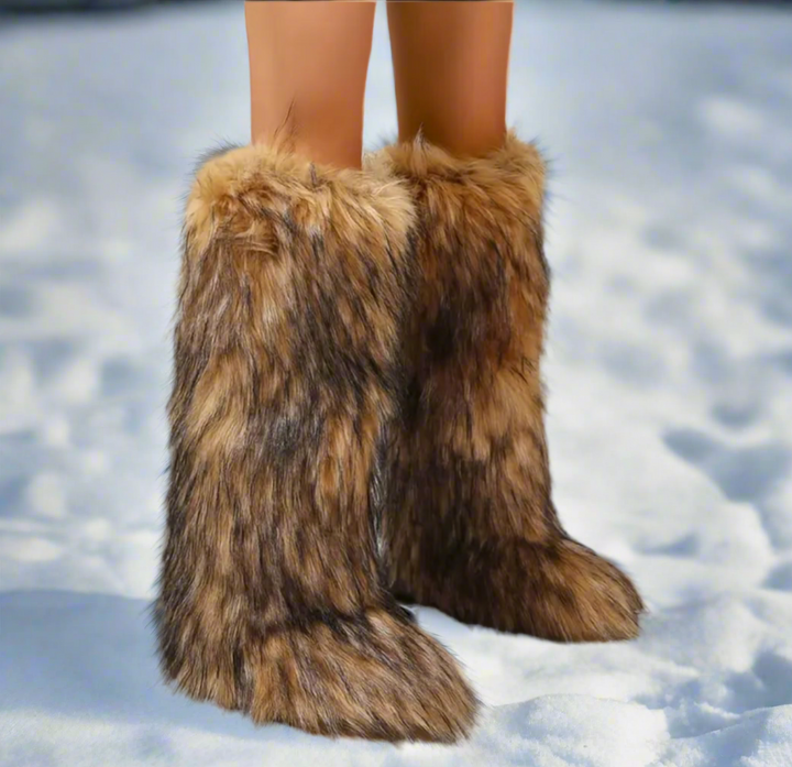 Tall Light Brown Faux Fur Fluffy Snow Boots