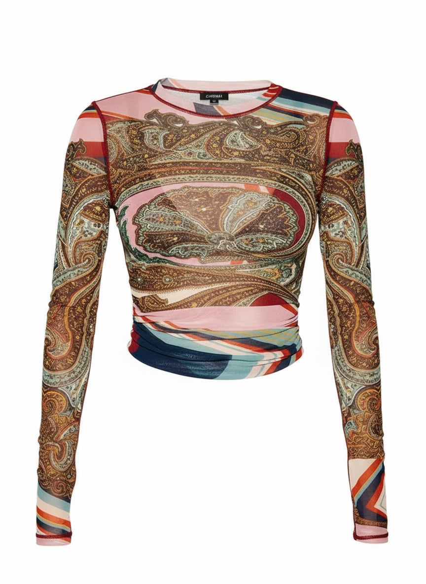 Artistic Paisley Sheer Long Sleeve Top