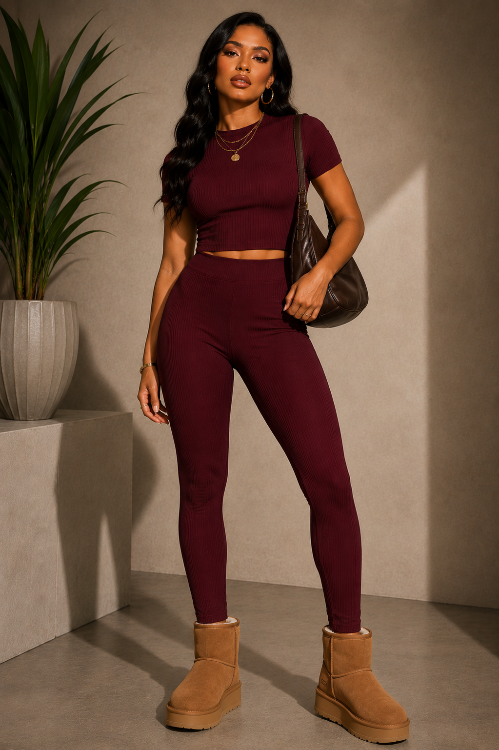 Everyday Ribbed Pants Set - Burgundy