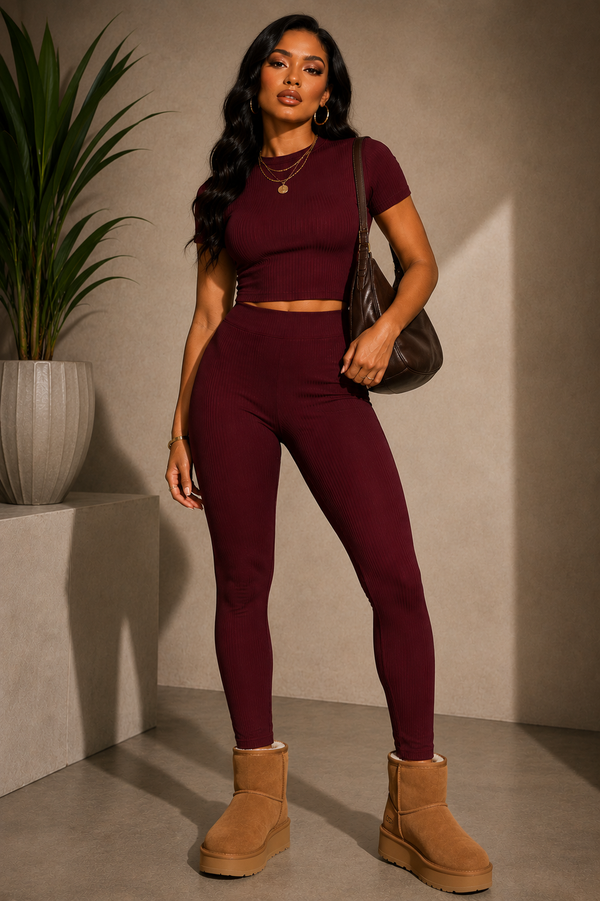Everyday Ribbed Pants Set - Burgundy