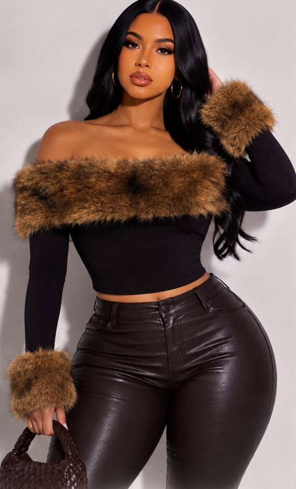 Elegant faux fur detail long sleeve shirt