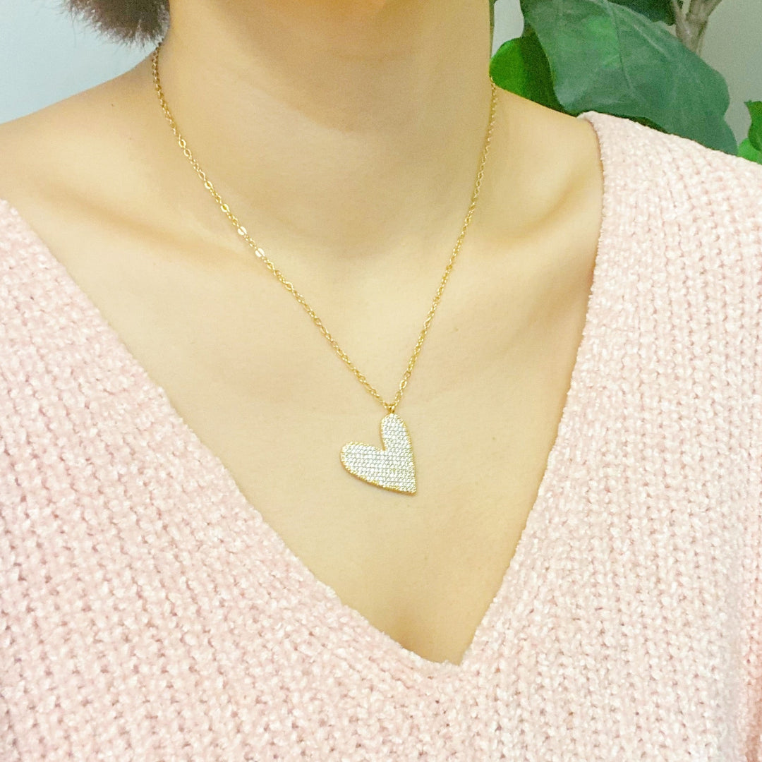 Shiny Heart Necklace With Cubic Zirconia Pave And Stainless Steel Chain 16 Inch