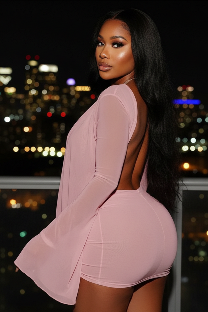 Cowl Neck Mesh Baddie Dress, Pink