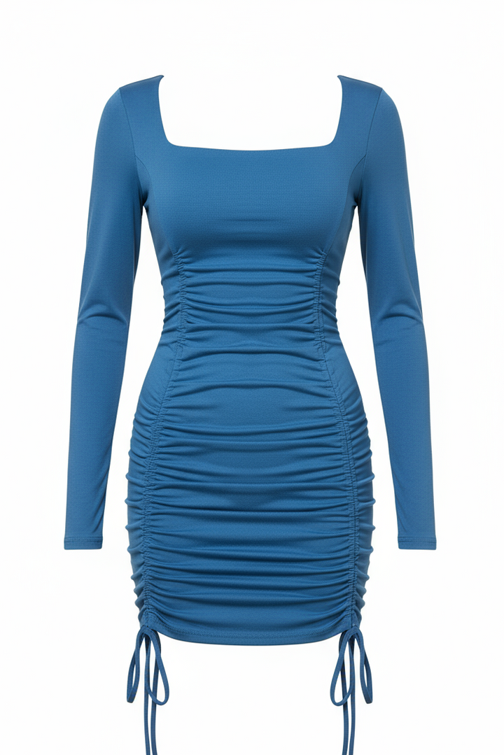 Long Sleeve Square Neck Ruching Tie Basic Dress