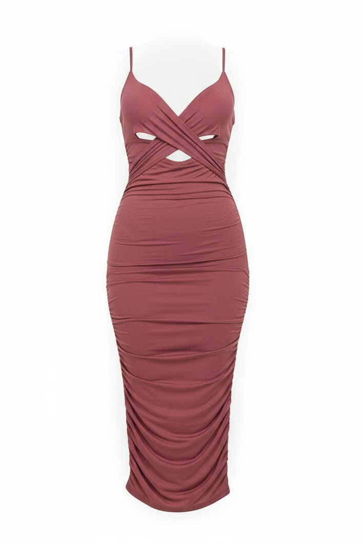 Cross Wrap Ruched Midi Dress