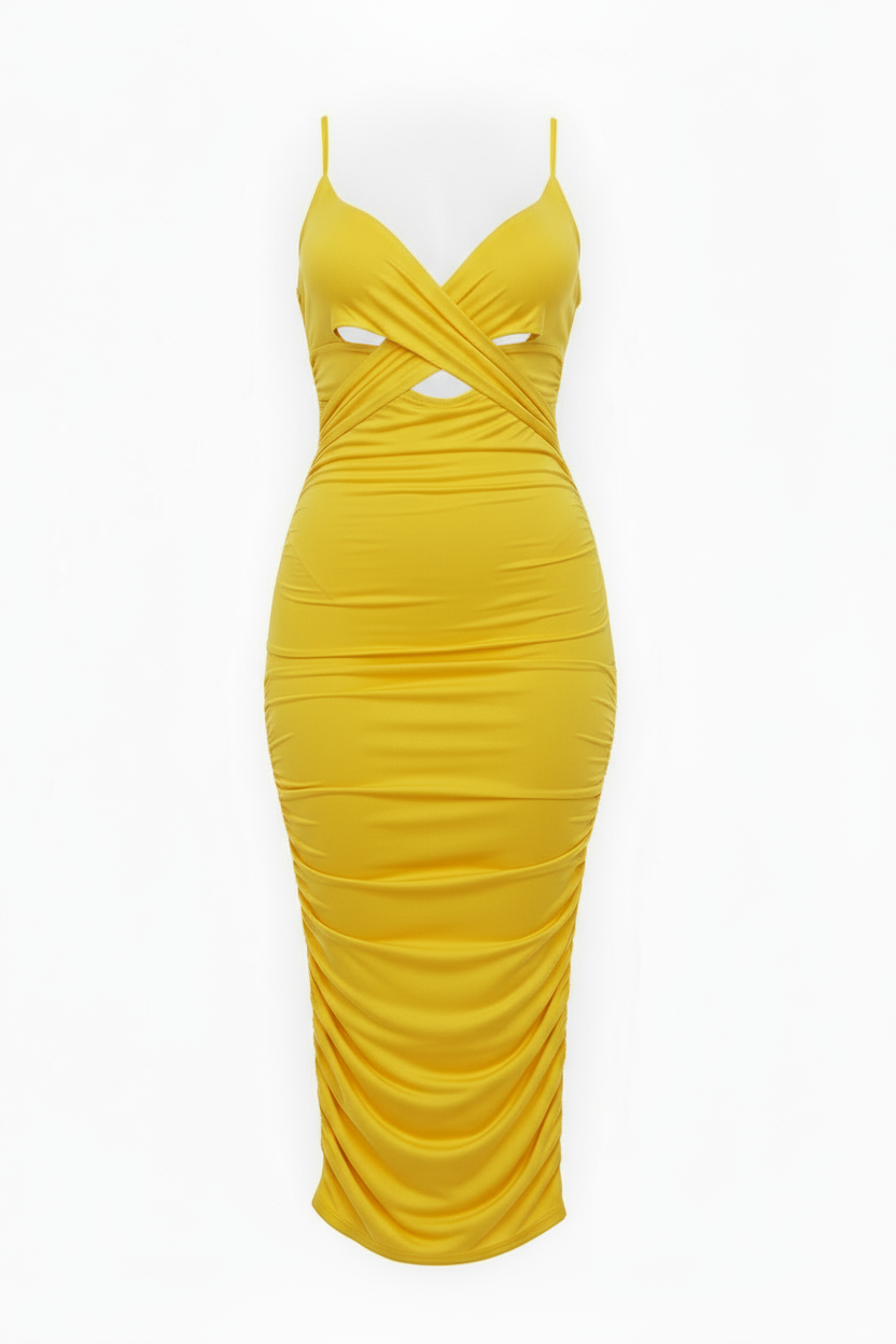 Cross Wrap Ruched Midi Dress