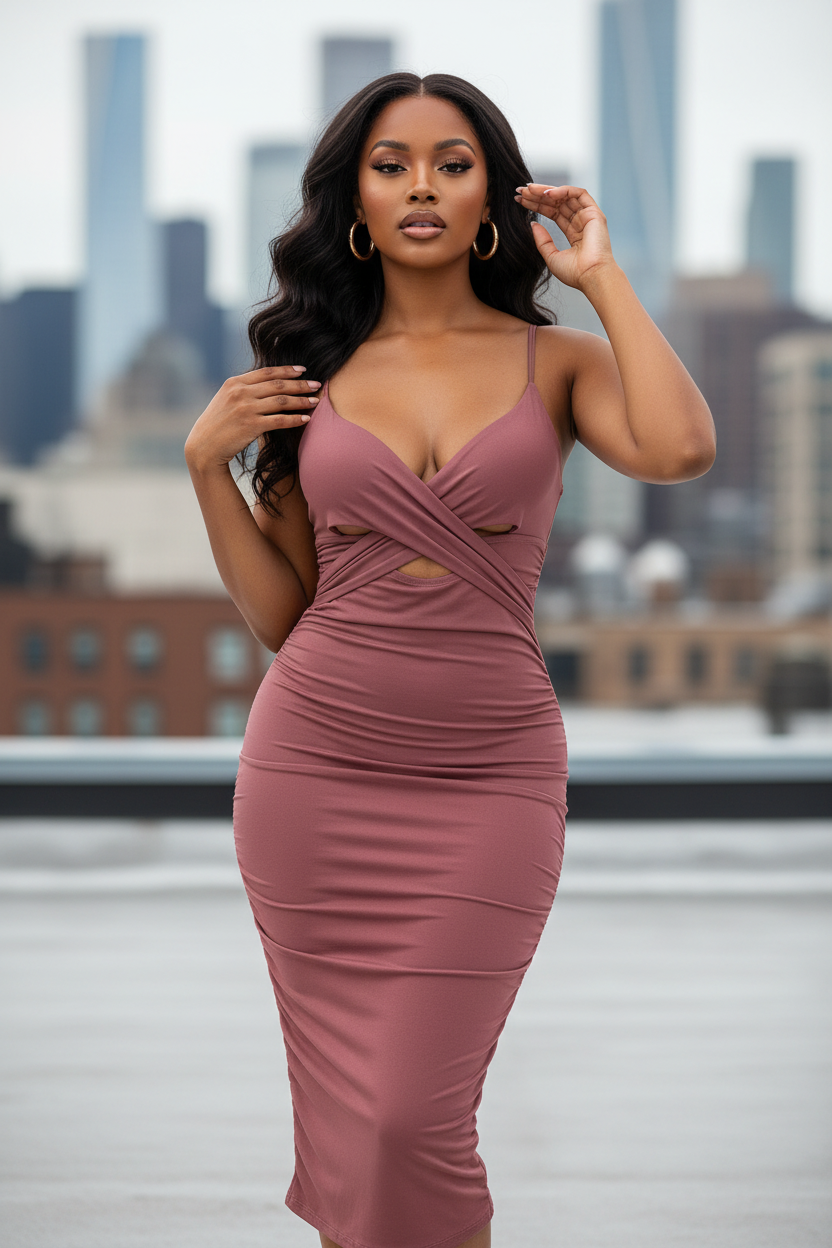 Cross Wrap Ruched Midi Dress