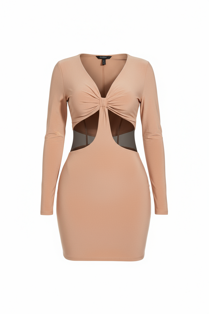 Solid 3/4 Sleeve Ruched Cutout Dress, Peach