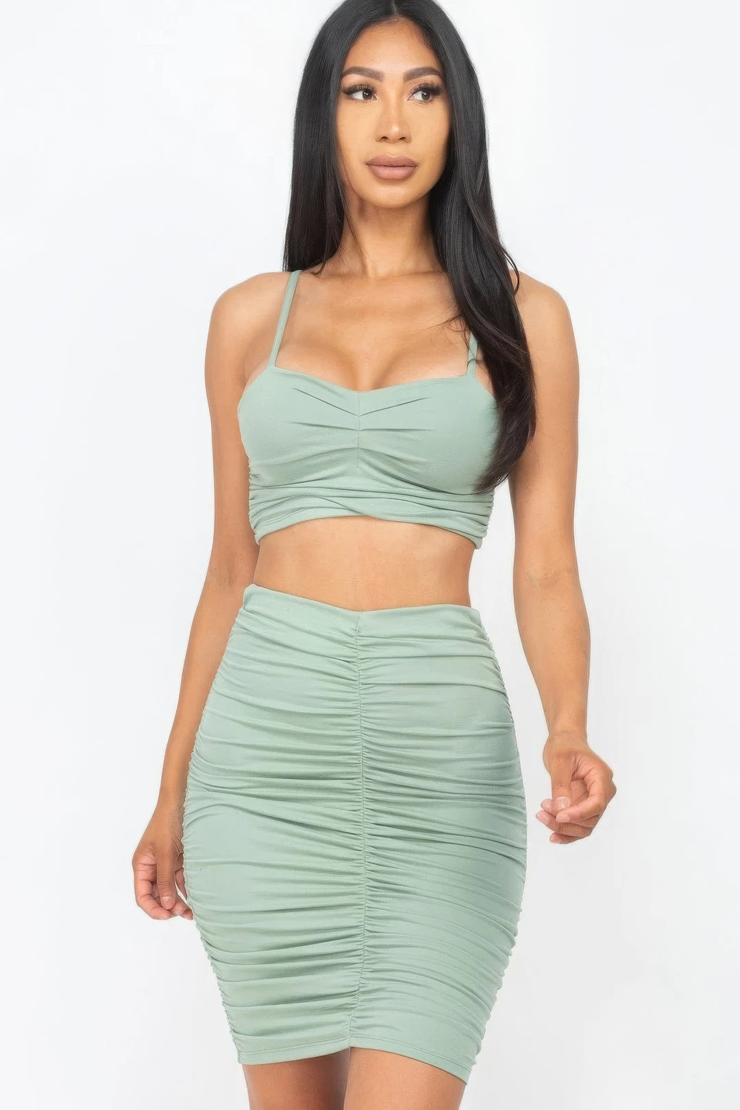 Ruched Crop Top And Skirt Set, Demure