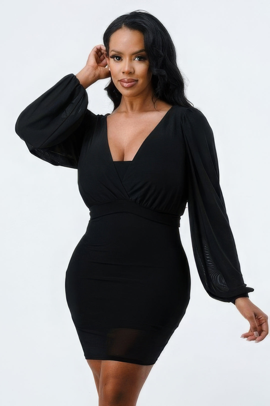 Lux Mesh V Neck Bubble Bodycon Dress