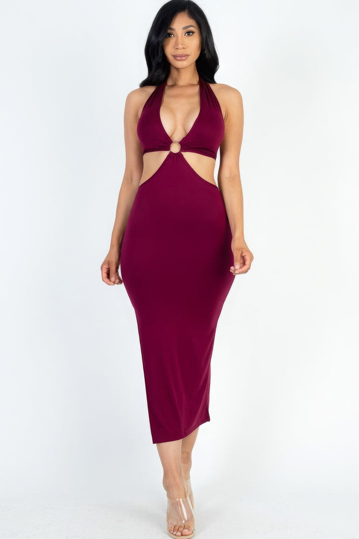 Cut-out Halter Neck Split Thigh Midi Dress