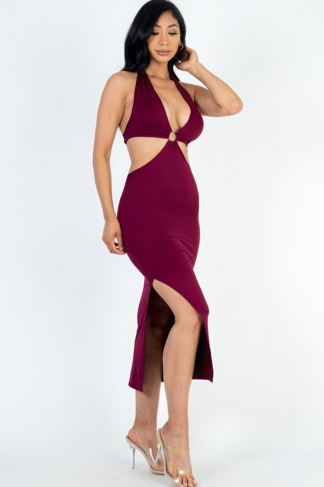 Cut-out Halter Neck Split Thigh Midi Dress