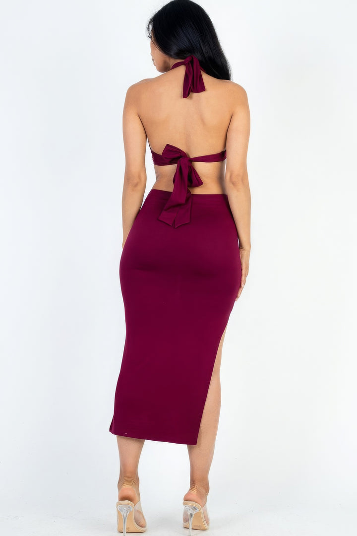 Cut-out Halter Neck Split Thigh Midi Dress