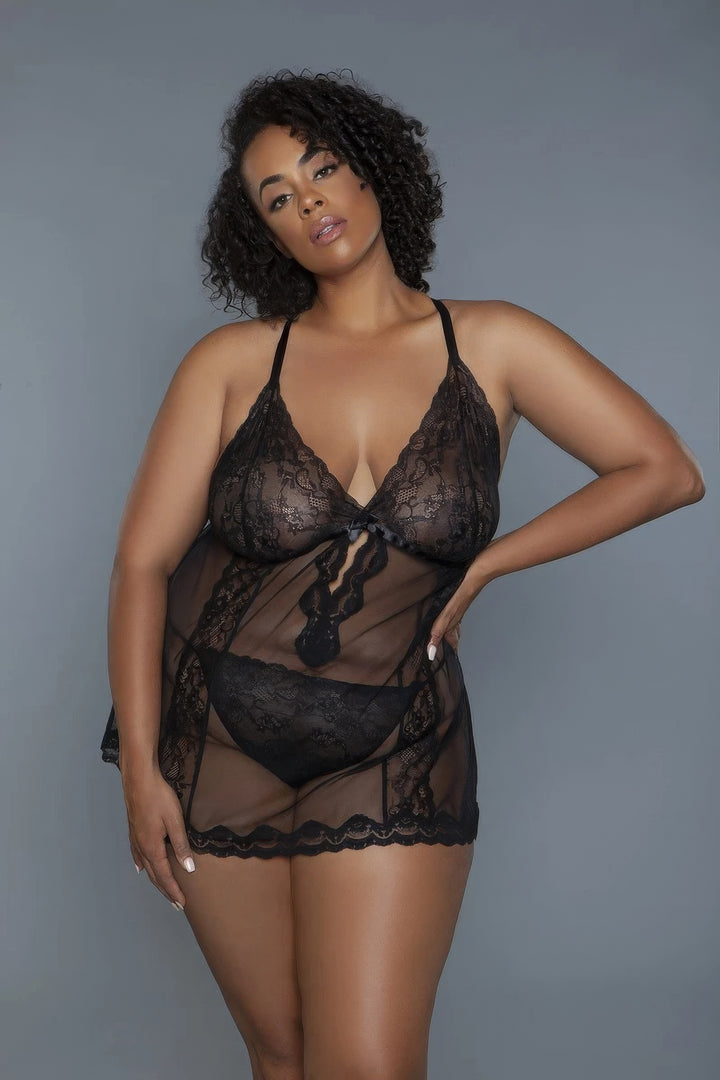 Plus Size Babydoll Sheer Mesh And Lace Lingerie Set, Black