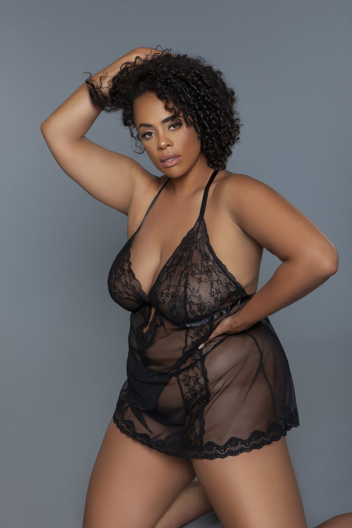 Plus Size Babydoll Sheer Mesh And Lace Lingerie Set, Black