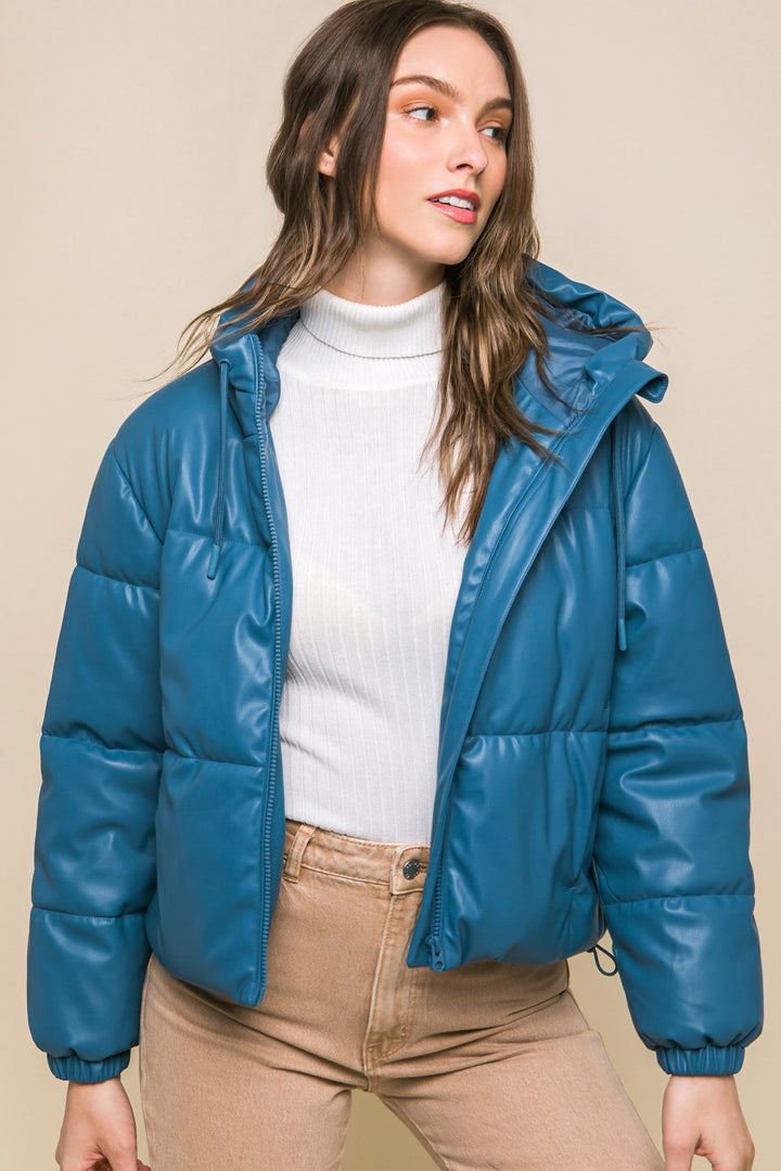 Faux Leather Zipper Hooded Puffer Jacket