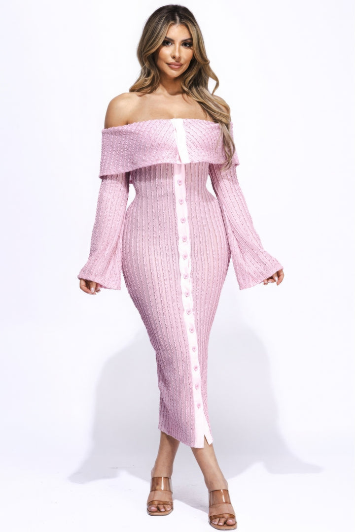 Ruffled Fabric Off Shoulder Midi Dress, Pink