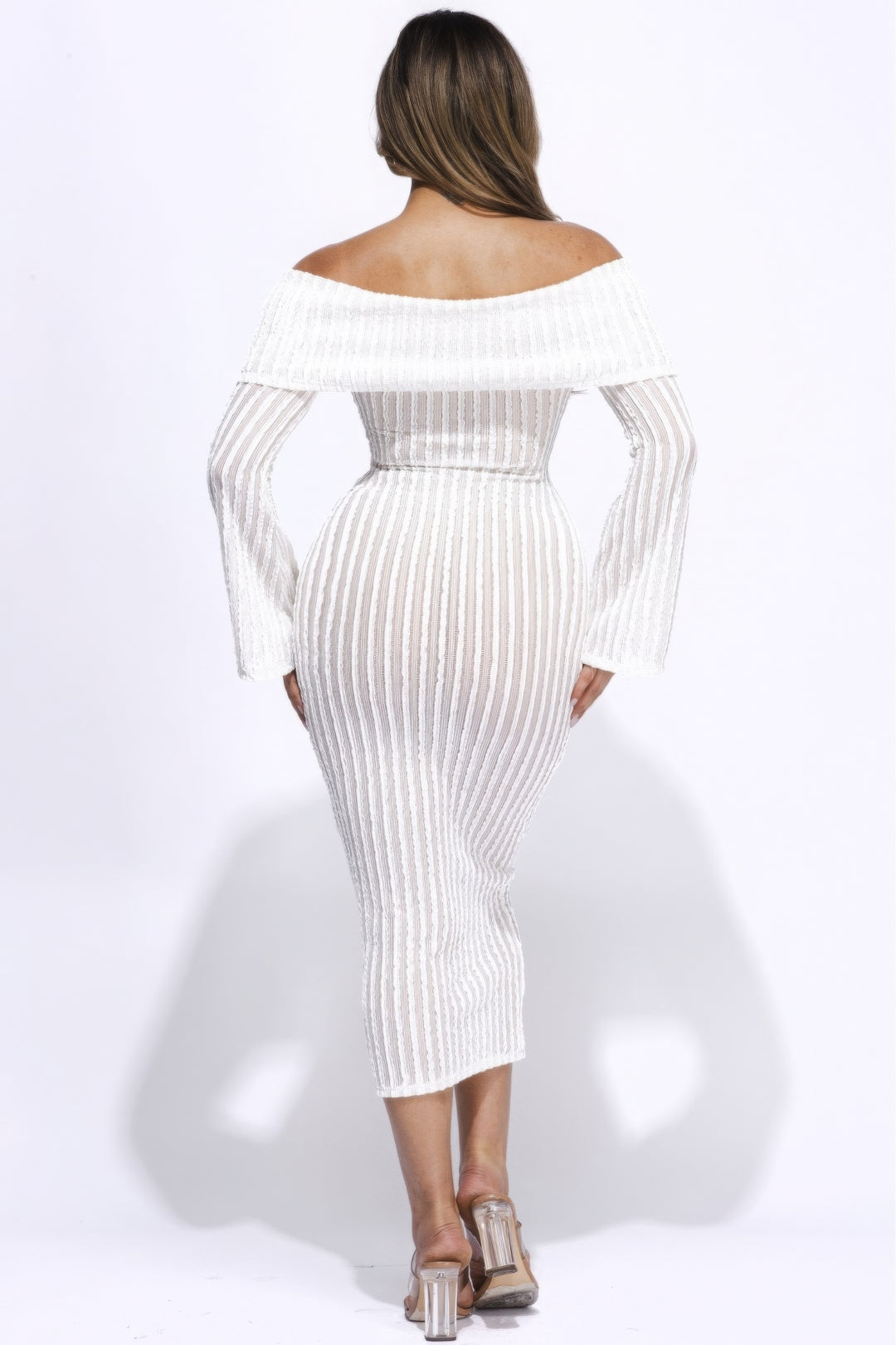 Ruffled Fabric Off Shoulder Midi Dress, White