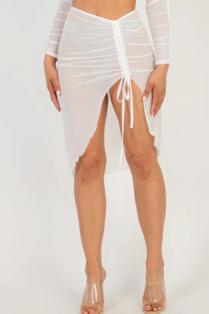 Sexy Sheer Mesh Drawstring Ruched Skirt, White