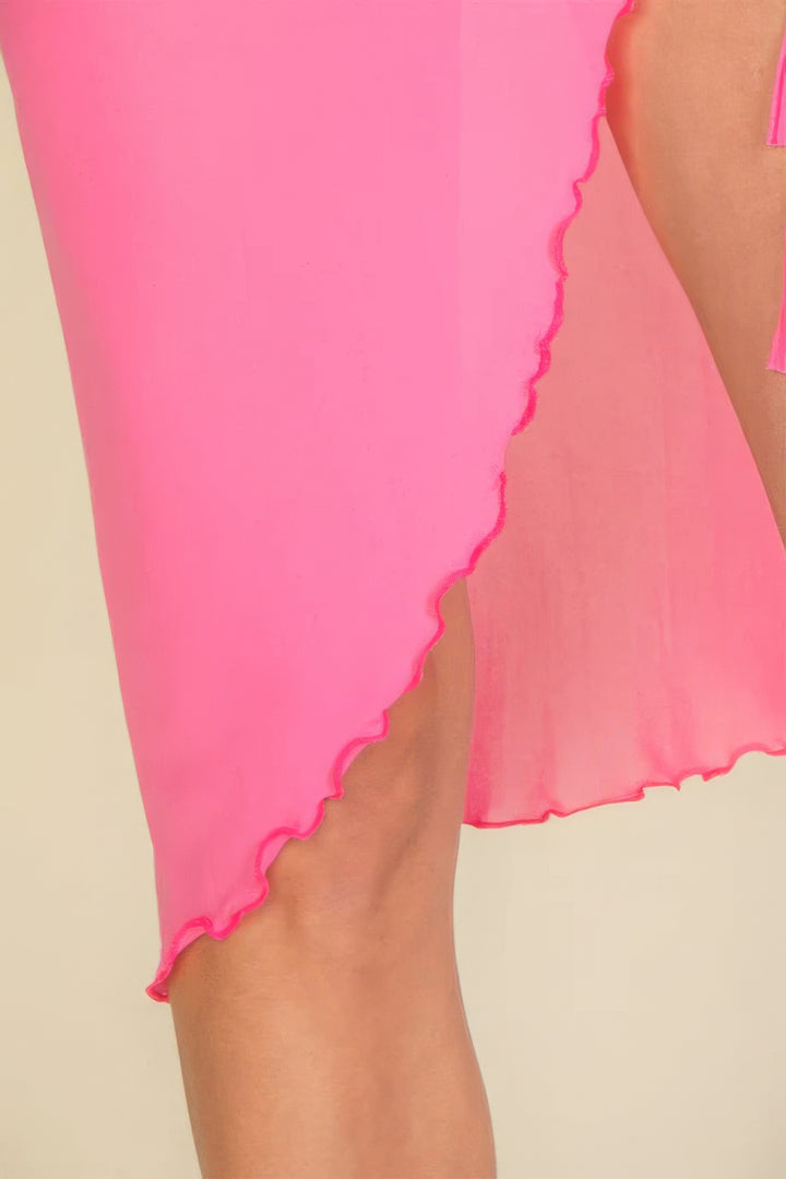 Sexy Sheer Mesh Drawstring Ruched Skirt, Pink