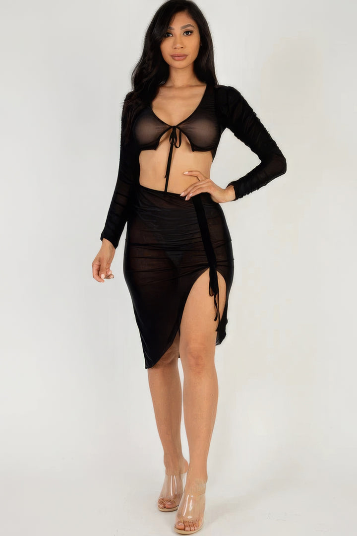 Sexy Sheer Mesh Drawstring Ruched Skirt, Black