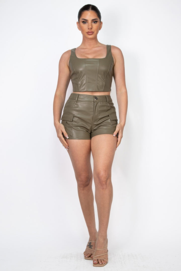 Faux Leather Square Zippered Crop Top