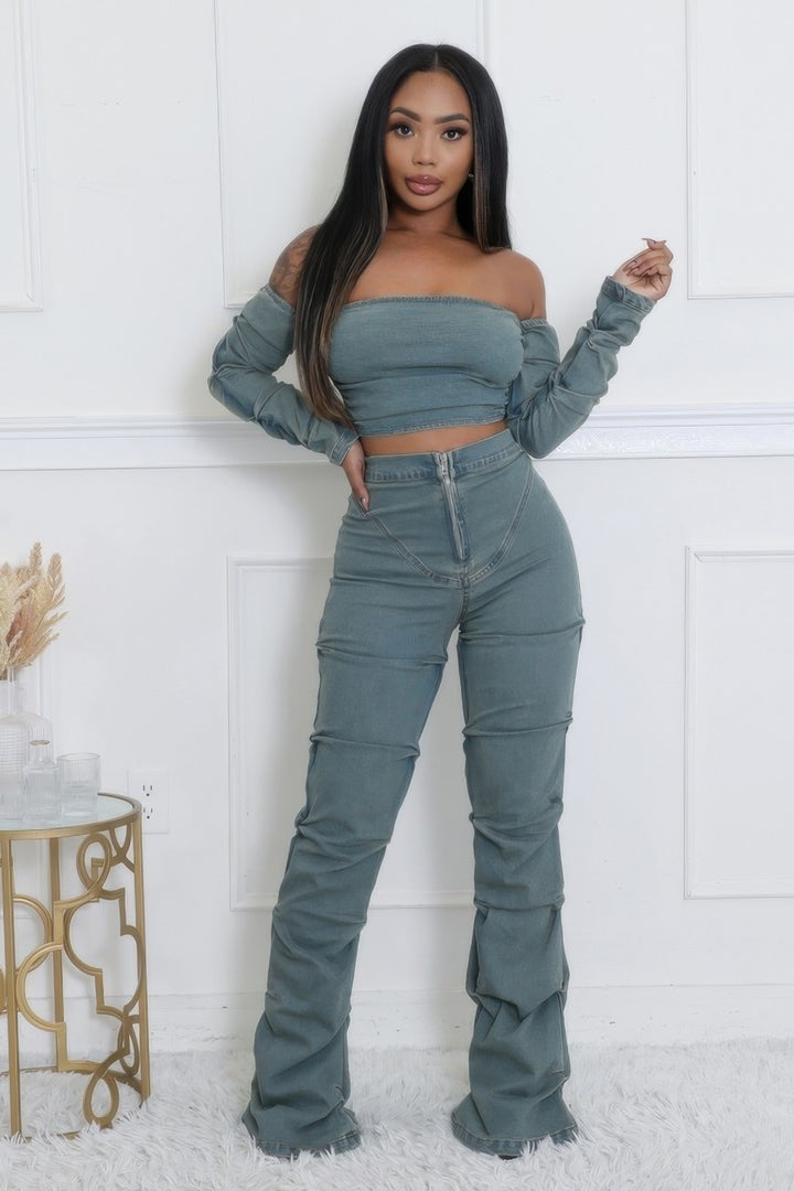 Denim Off The Shoulder Stretch Pant Set