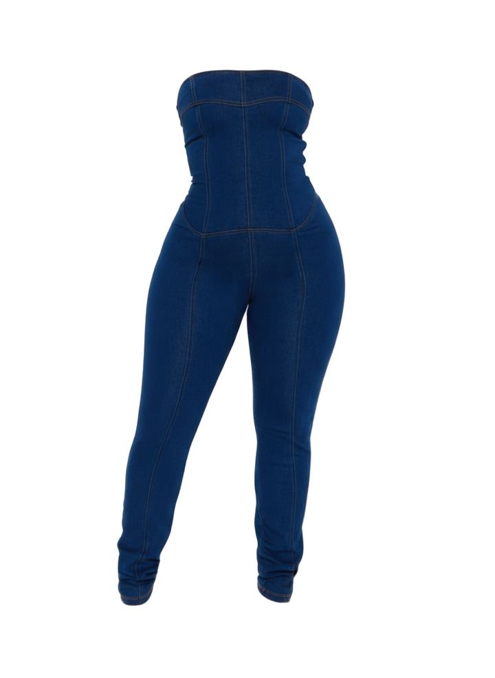 Strapless Denim Jumpsuit With Lace Up Back