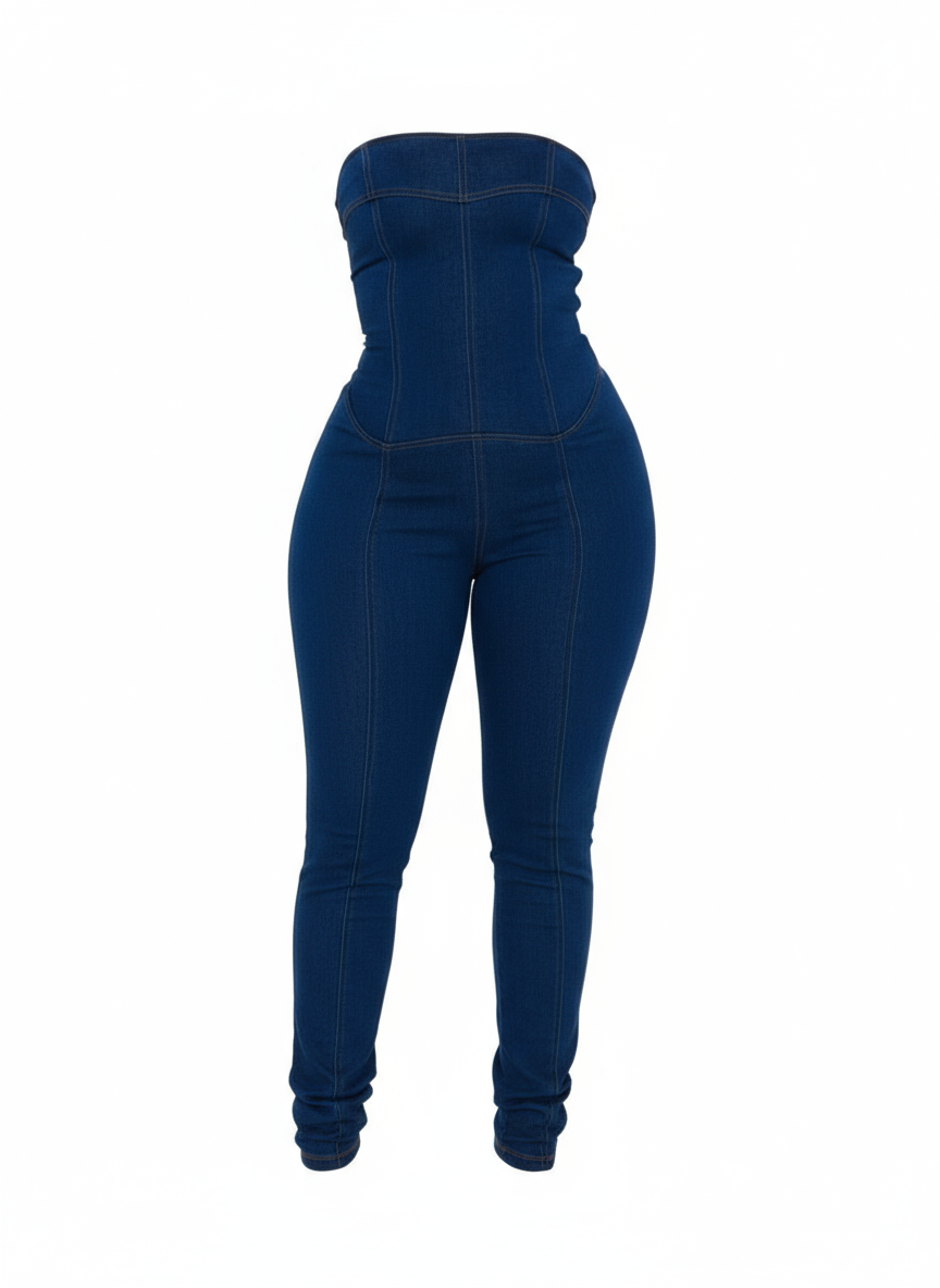 Strapless Denim Jumpsuit With Lace Up Back