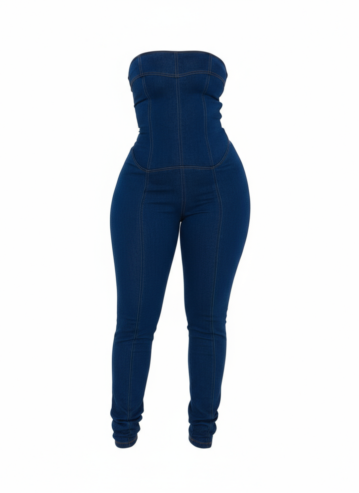 Strapless Denim Jumpsuit With Lace Up Back
