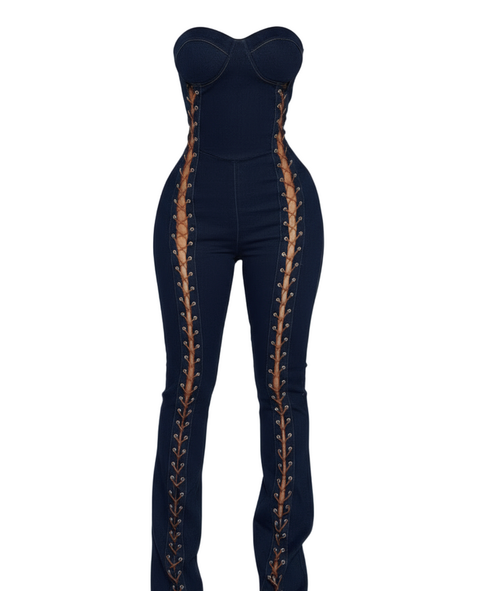 Lace Up Detail Denim Jumpsuit