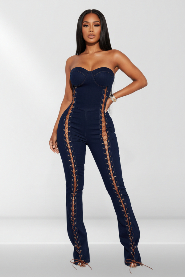 Lace Up Detail Denim Jumpsuit