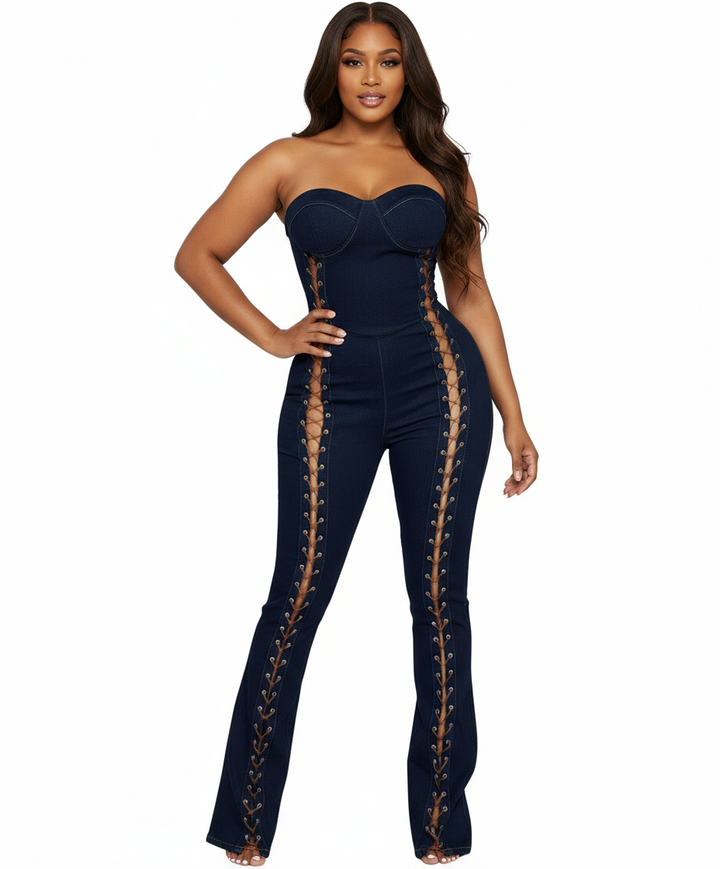 Lace Up Detail Denim Jumpsuit