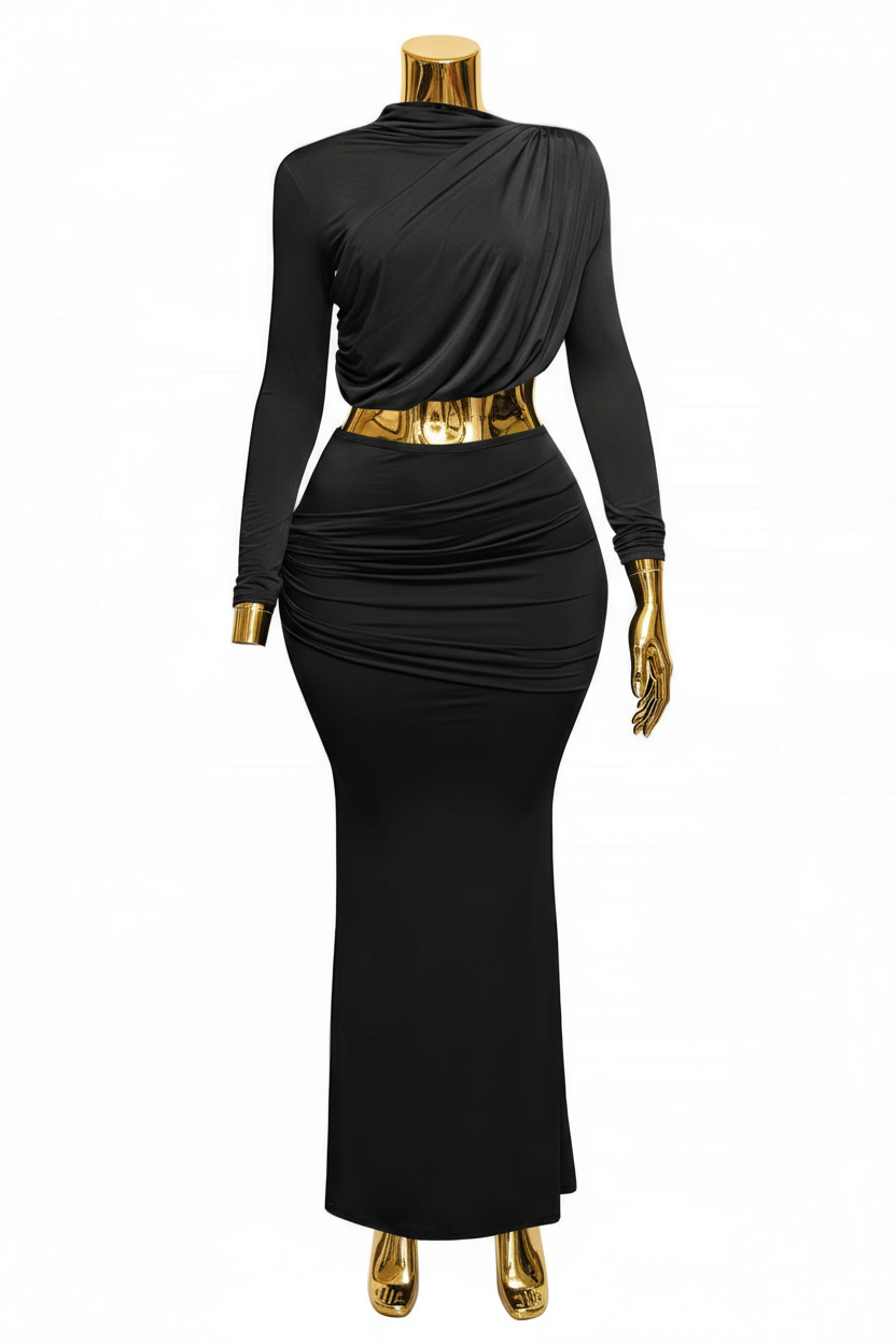 Plus Size Shirring Detailed Top & Long Skirt Set
