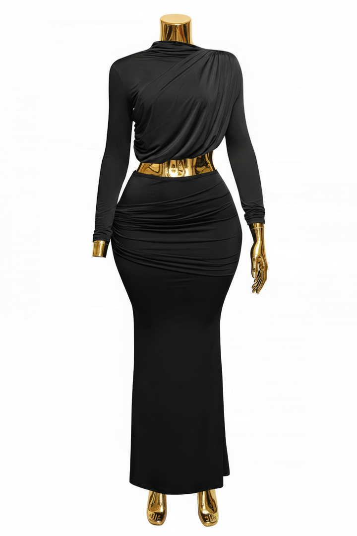 Plus Size Shirring Detailed Top & Long Skirt Set
