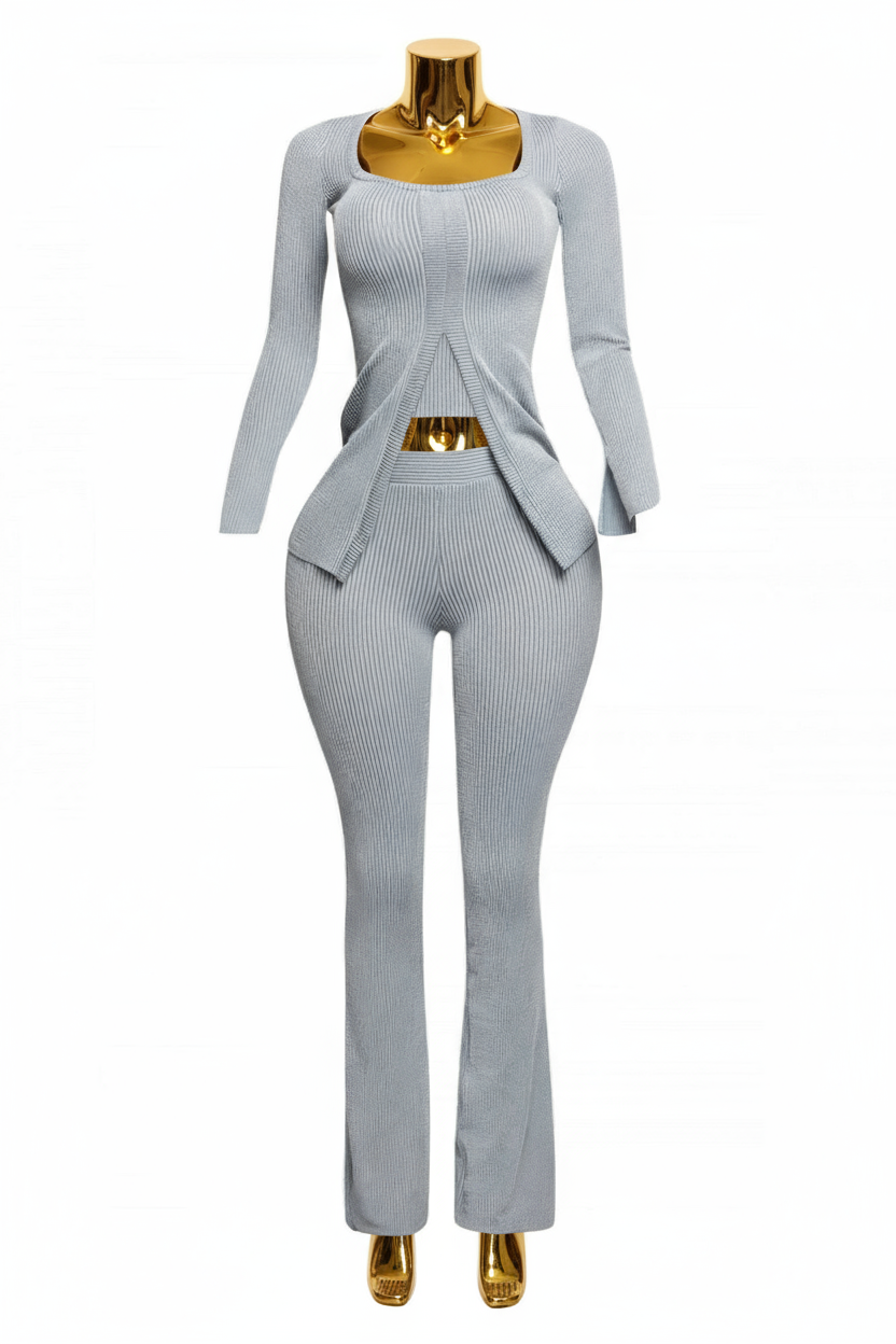 Plus Size Ribbed Pant Set With Slit Detail