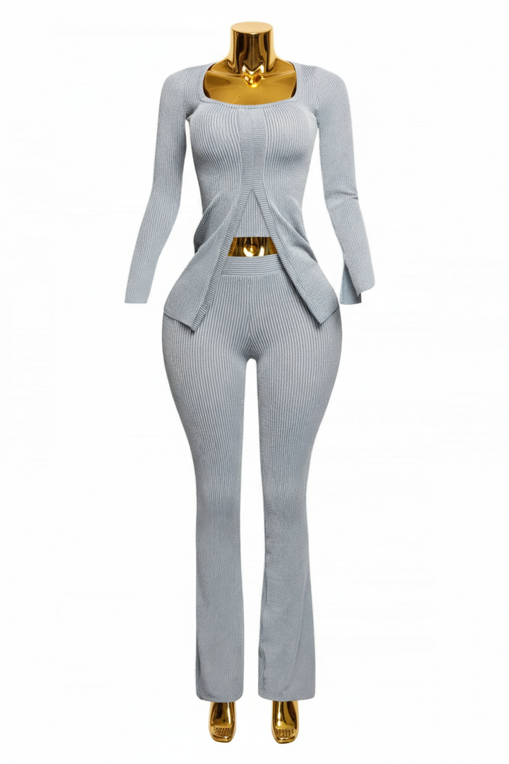 Plus Size Ribbed Pant Set With Slit Detail