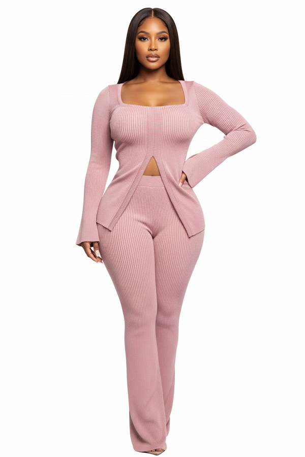 Plus Size Women’s Ribbed Pant Set With Slit Detail, Pink