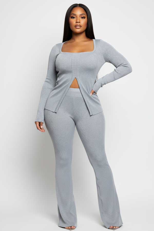 Plus Size Women’s Ribbed Pant Set With Slit Detail, Grey