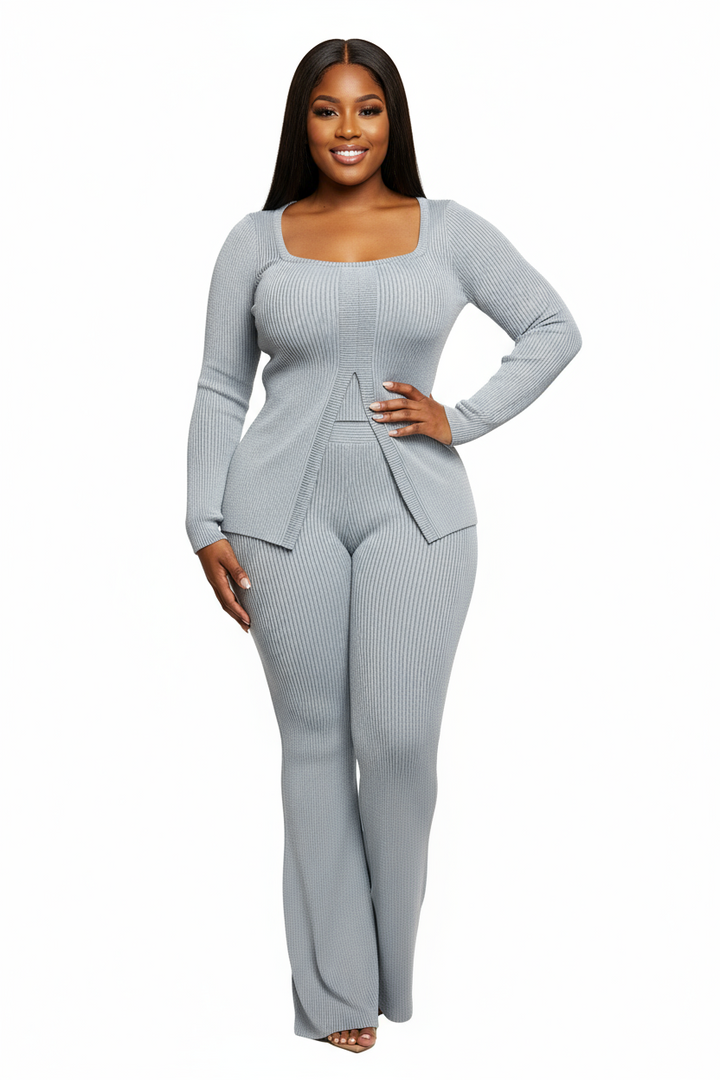 Plus Size Ribbed Pant Set With Slit Detail