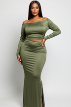 Plus Size Women’s One Side Off Shoulder Top & Skirt Set, Green