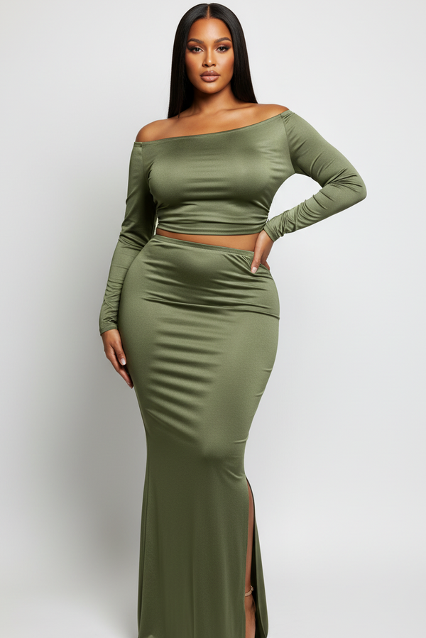 Plus Size Women’s One Side Off Shoulder Top & Skirt Set, Green