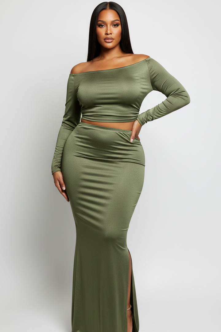 Plus Size Women’s One Side Off Shoulder Top &amp; Skirt Set, Green