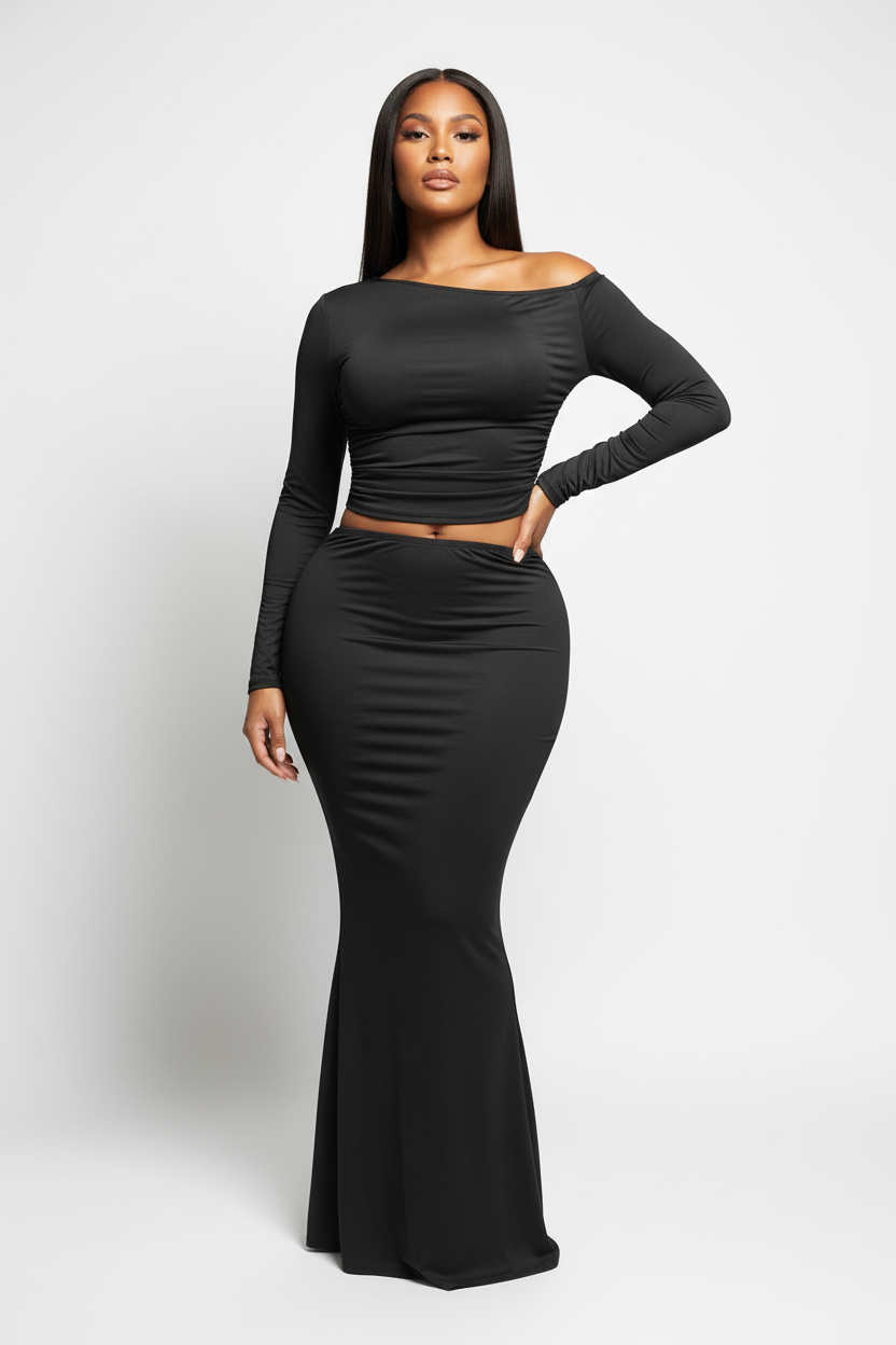 Plus Size Women’s One Side Off Shoulder Top &amp; Skirt Set, Black